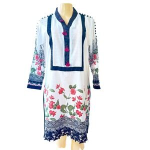 Handmade Kurti Tunic Dress Womens XL White Floral Tassel Lace Boho Pakistani